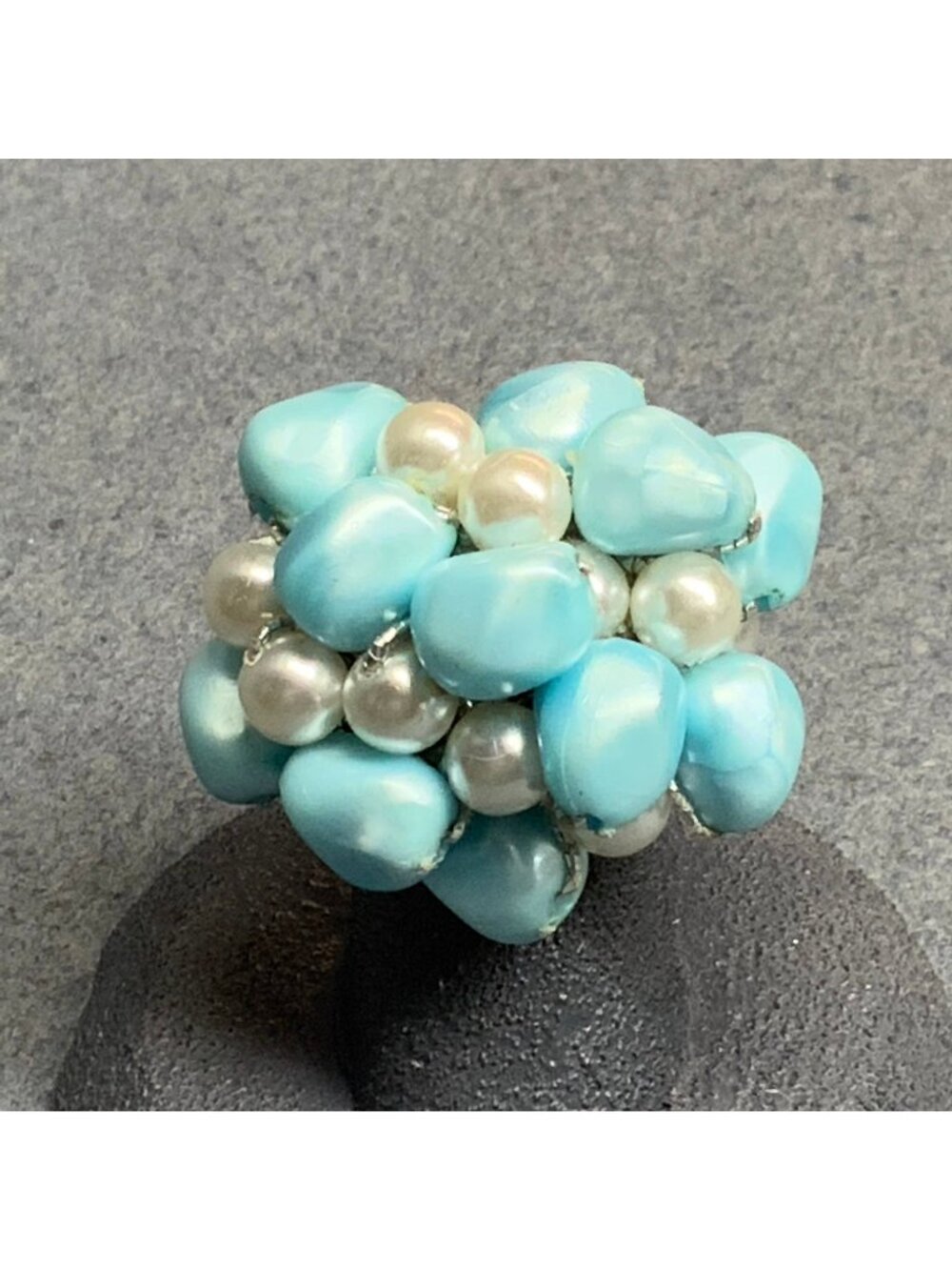 Cocktail Stretch Ring Size 7 Light Blue Organic Bead Pearl Unique Statement Glam